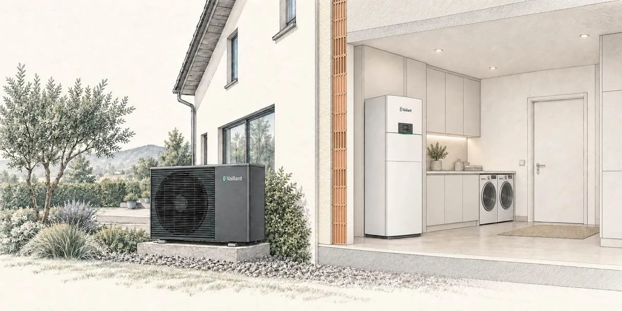 Beispielhafte Darstellung einer Vaillant aroTHERM pro Luft-Wasser-Wärmepumpe an einem Richter-Haus