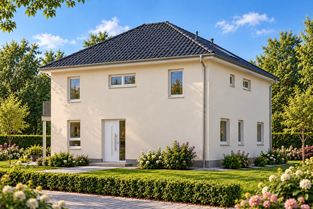 Two-family house with hipped roof by Richter Haus – entrance side with front door