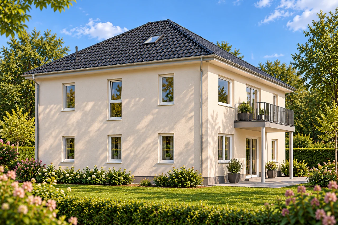 Two-family house with hipped roof by Richter Haus – garden side with covered terrace and balcony