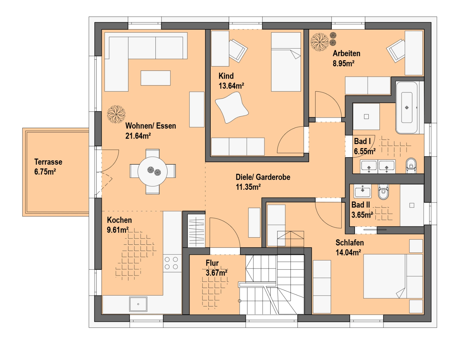 Two-family house with hipped roof by Richter Haus – floor plan, upper floor